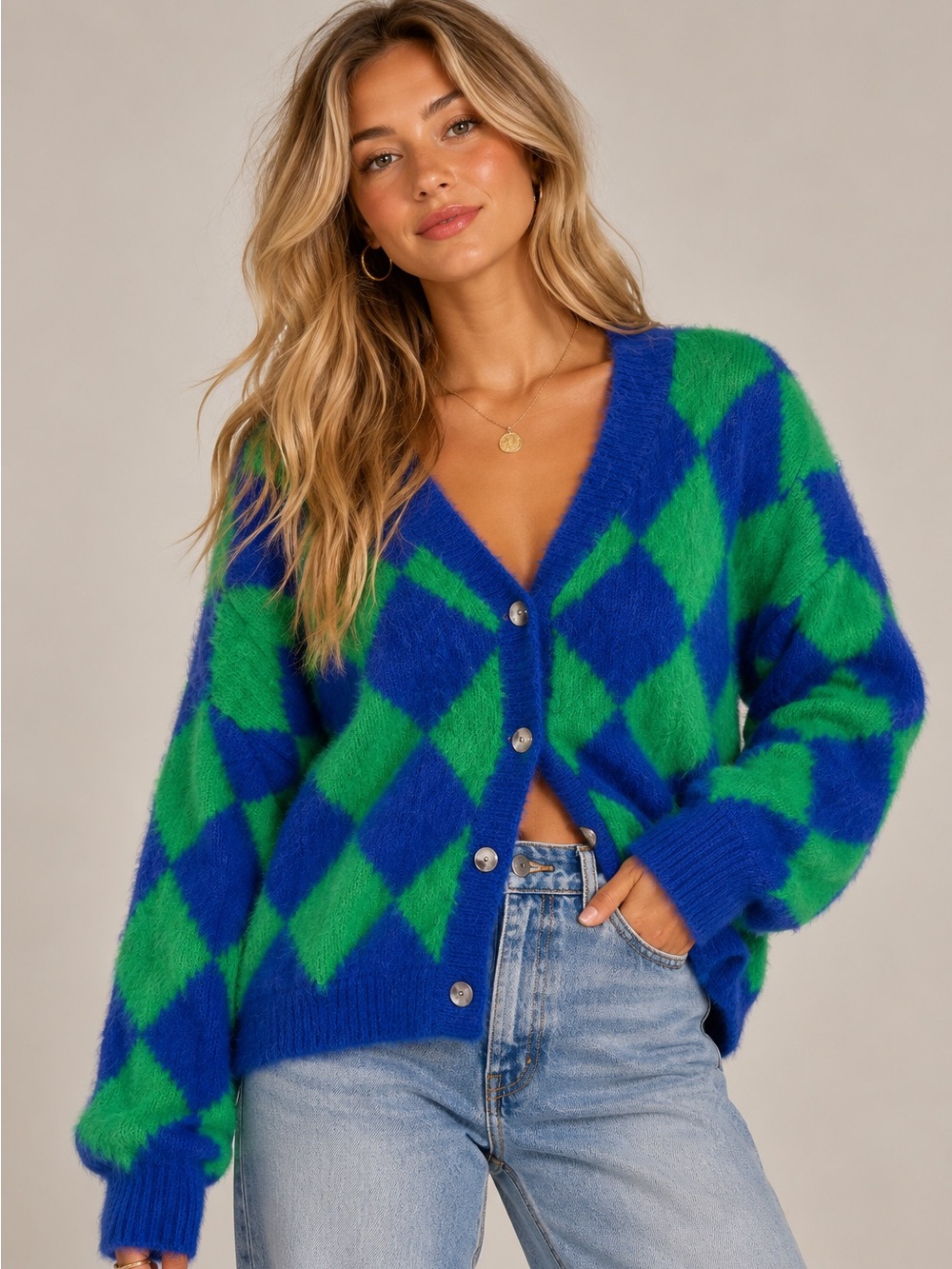 MISS SPARKLING • fuzzy green and blue argyle cardigan with a button-up front